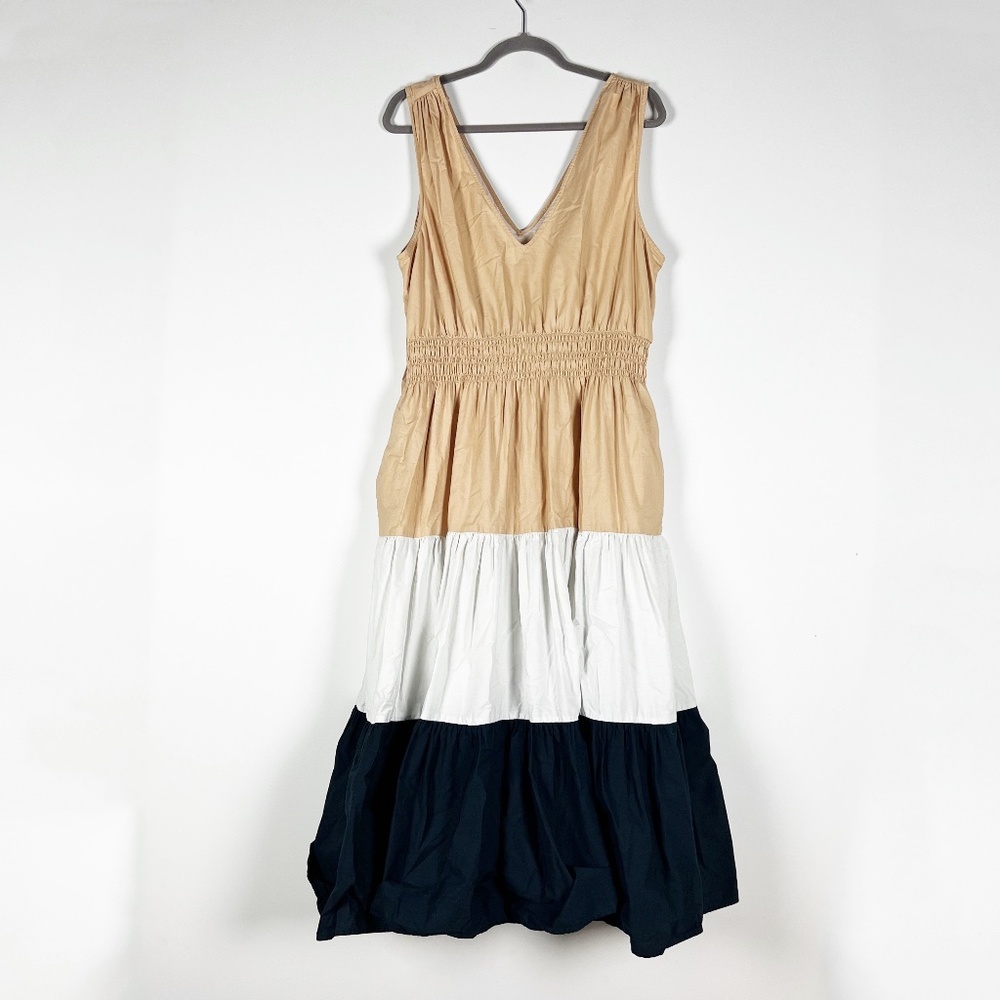 Maeve Colorblock Tiered Midi Dress in Beige, White & Black